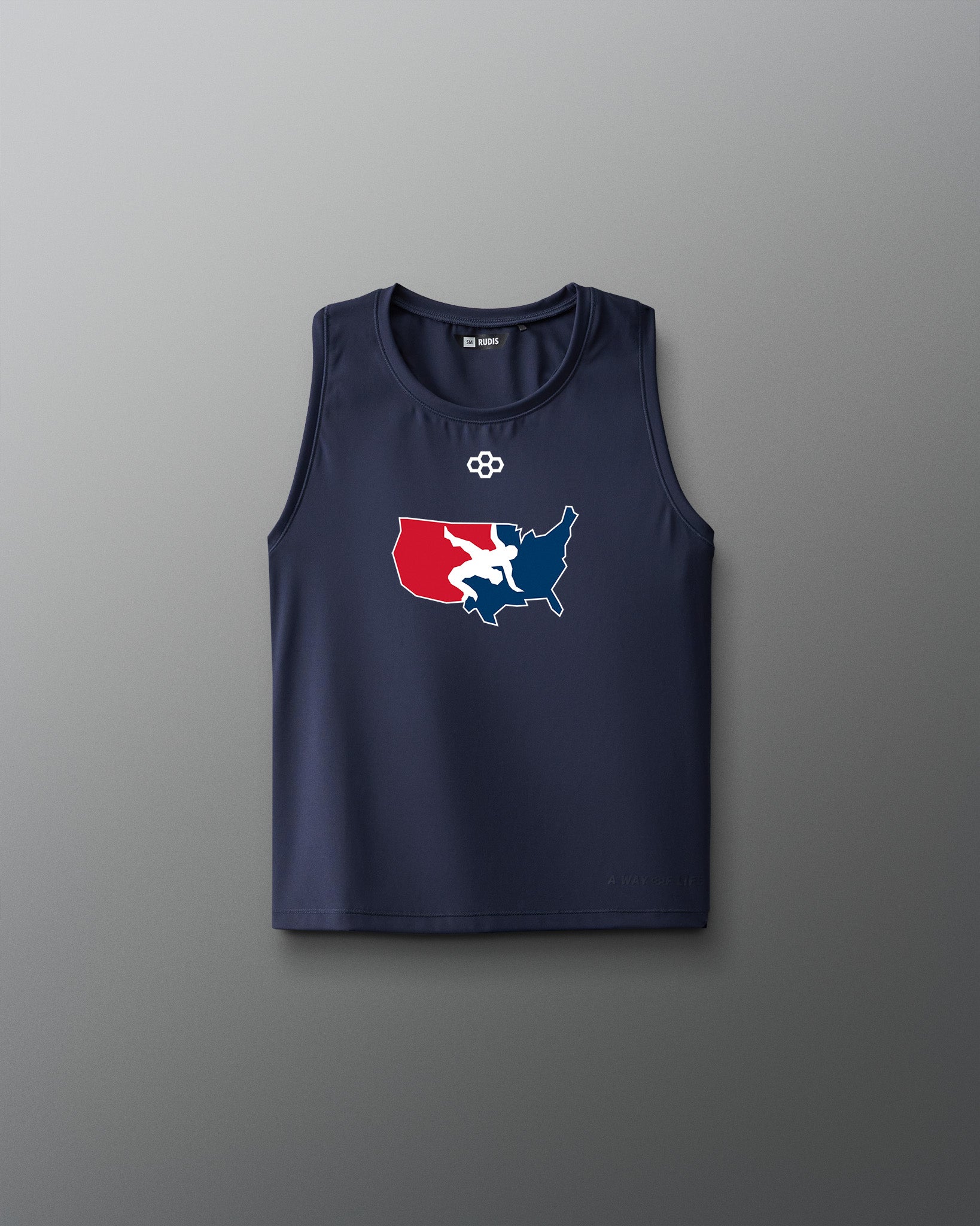 Black sleeveless RUDIS wrestling tank top featuring a bold graphic of a red, white, and blue USA Wrestling map logo on the chest and a small RUDIS hexagon emblem above it. 