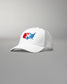 Front angled view of the RUDIS USA Wrestling Logo Bridge Trucker Hat in White, featuring an embroidered red, white and blue USA Wrestling logo, curved brim and white mesh panels.