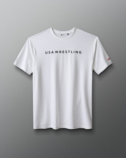White t-shirt with 'USA WRESTLING' text on a gradient red and blue background