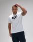 Man wearing a white t-shirt with a black graphic design on a gray background