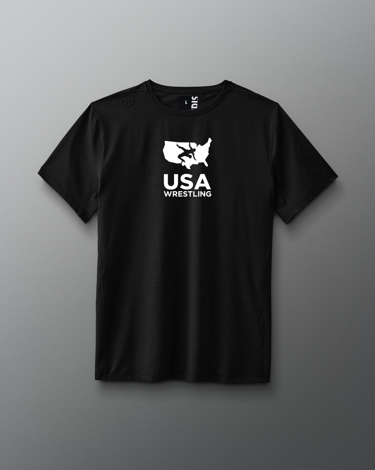 Black t-shirt with USA Wrestling logo on a gray background