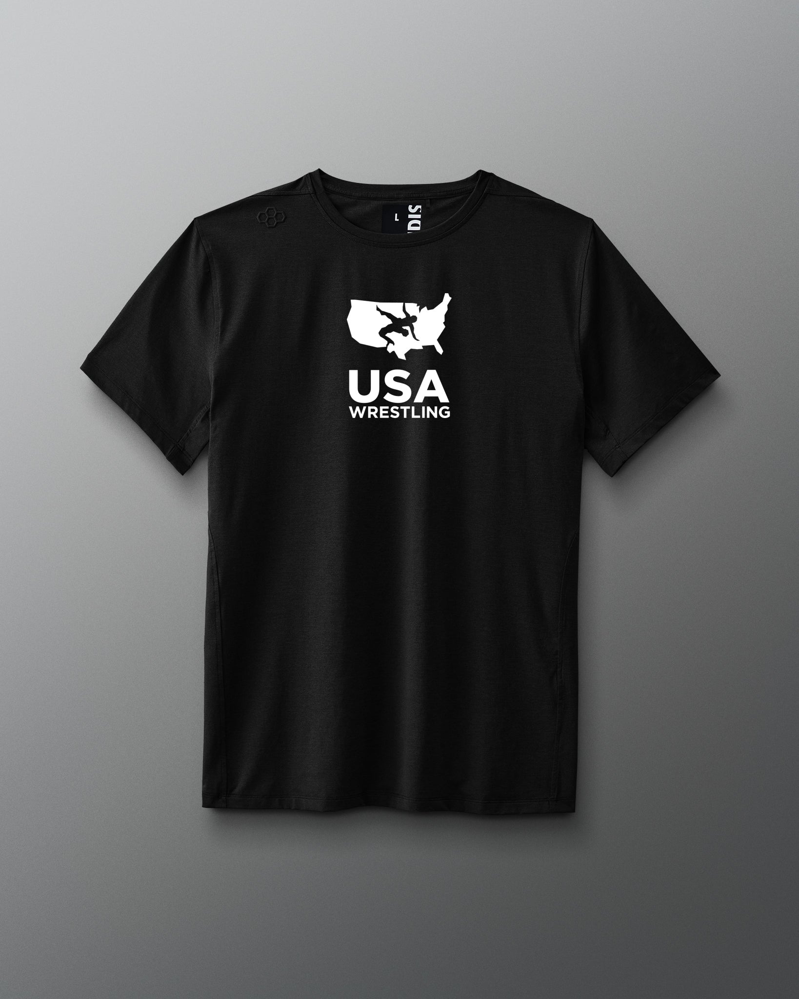 Black t-shirt with USA Wrestling logo on a gray background