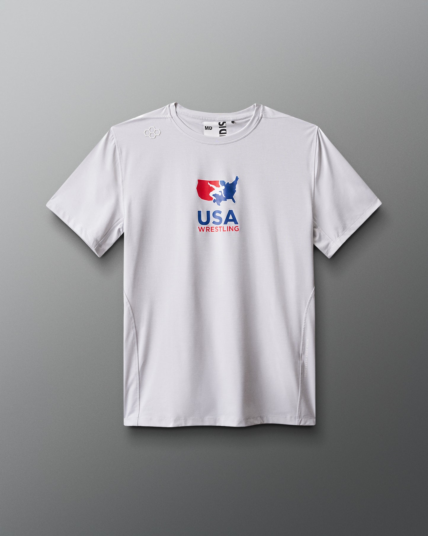 White t-shirt with USA Wrestling logo on a gray background