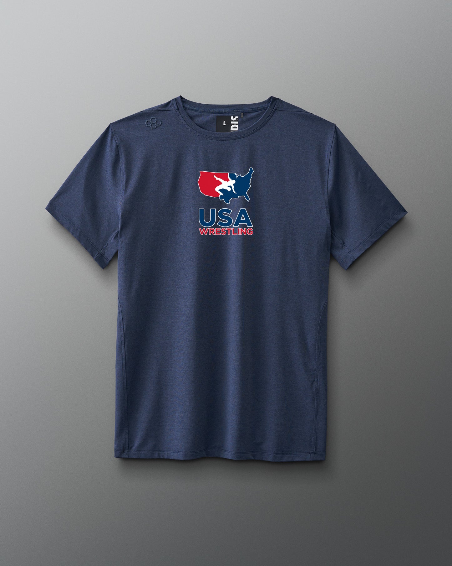 Blue t-shirt with USA Wrestling logo on a gray background