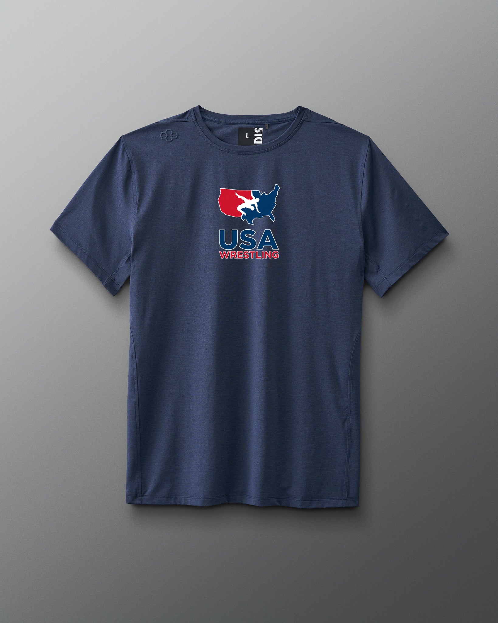 Blue t-shirt with USA Wrestling logo on a gray background