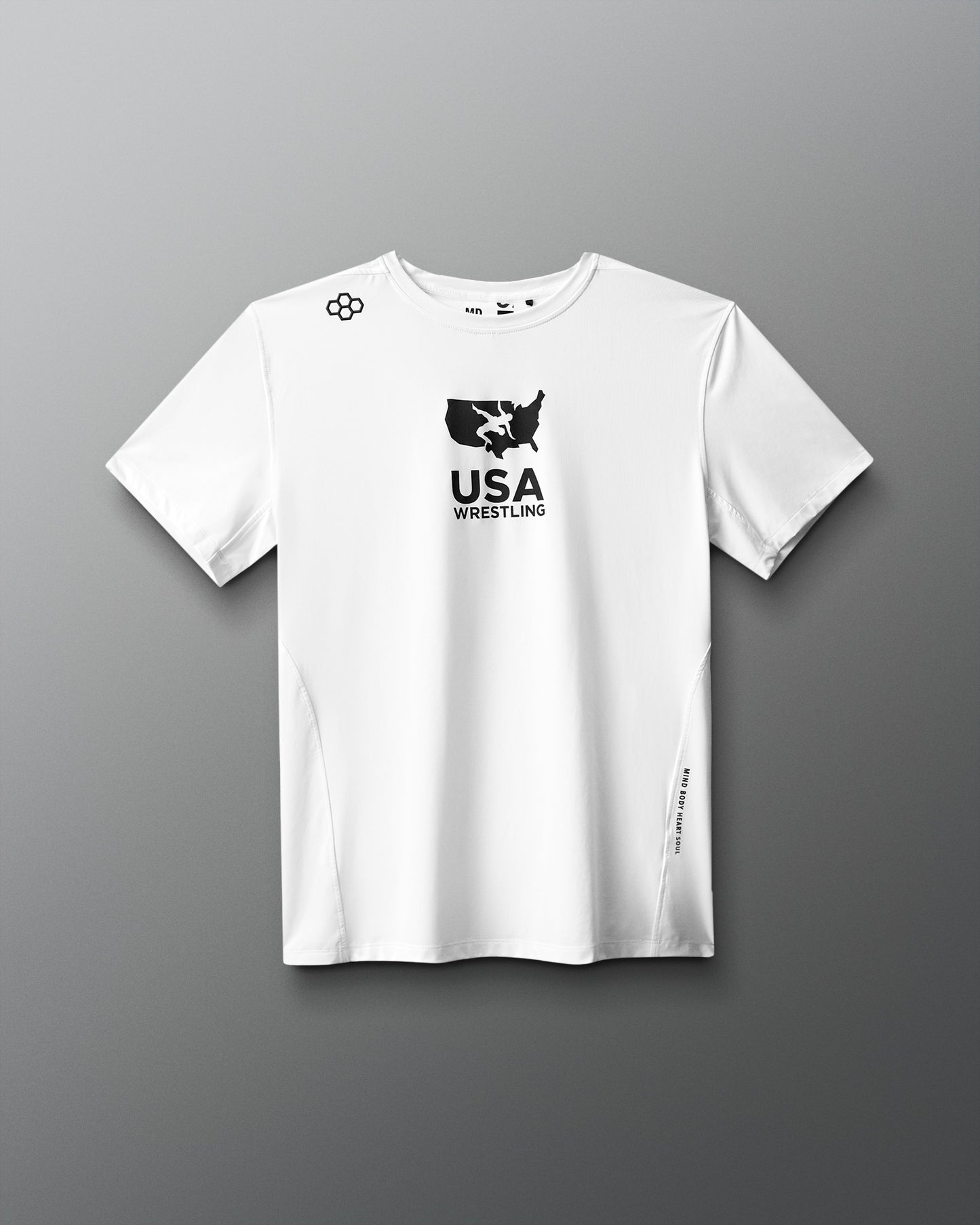 White t-shirt with USA Wrestling logo on a gray background
