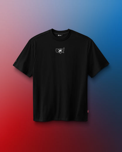 Black t-shirt with a USA Wrestling logo on a gradient background