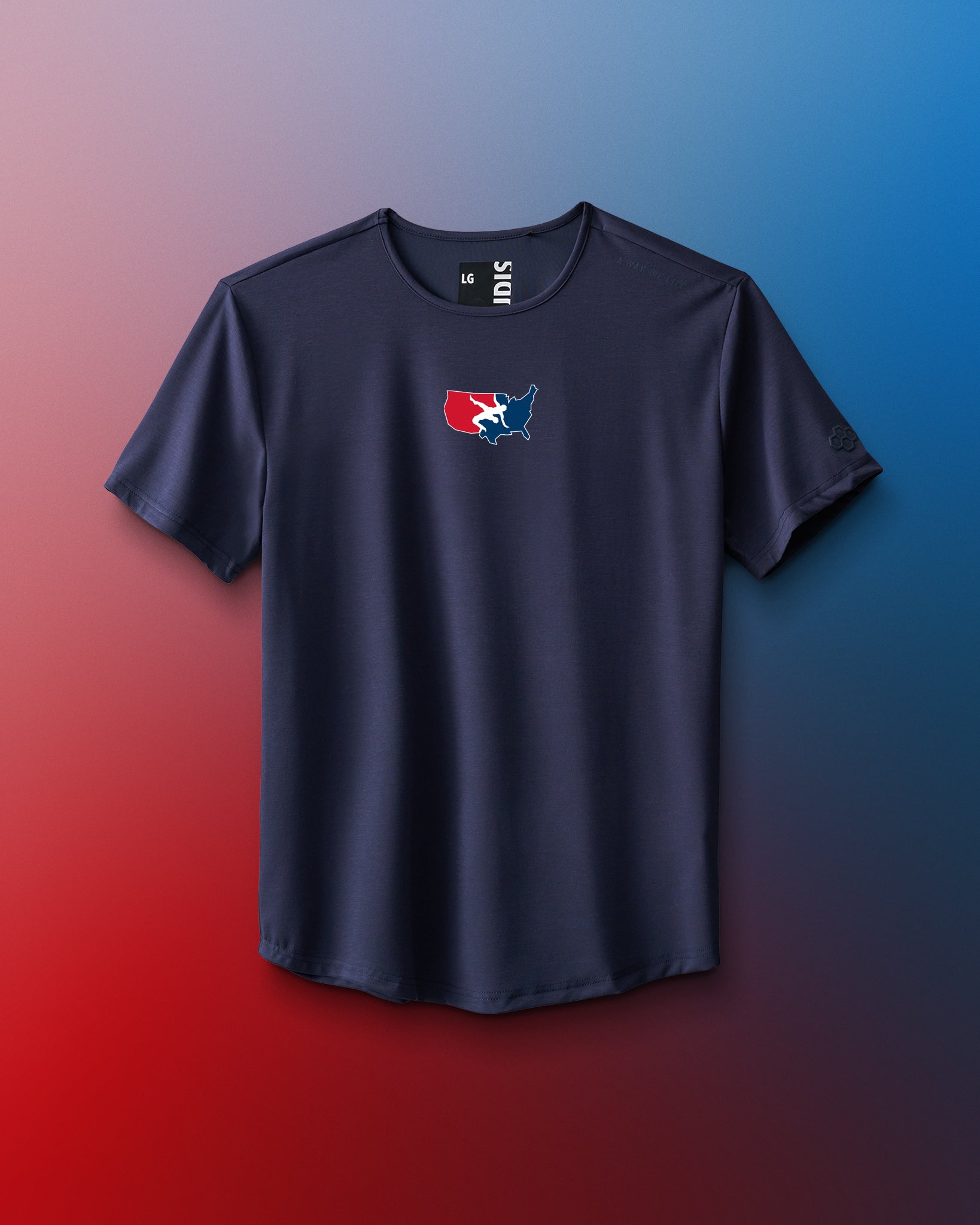 Navy blue t-shirt with a logo on a gradient background