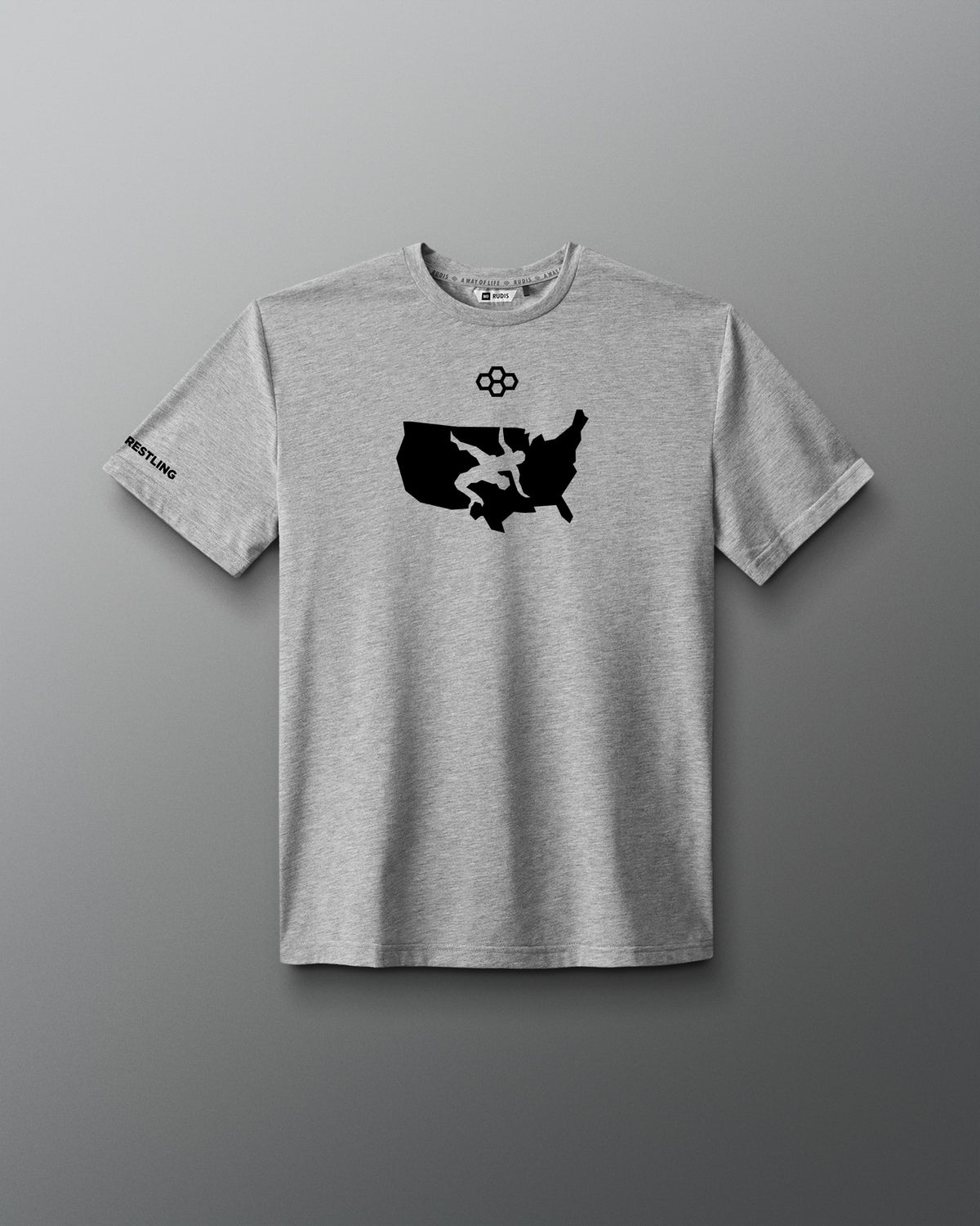 Front view of the athletic gray RUDIS USA Wrestling Map Elite Super Soft T-Shirt with black USA map and wrestling graphic.