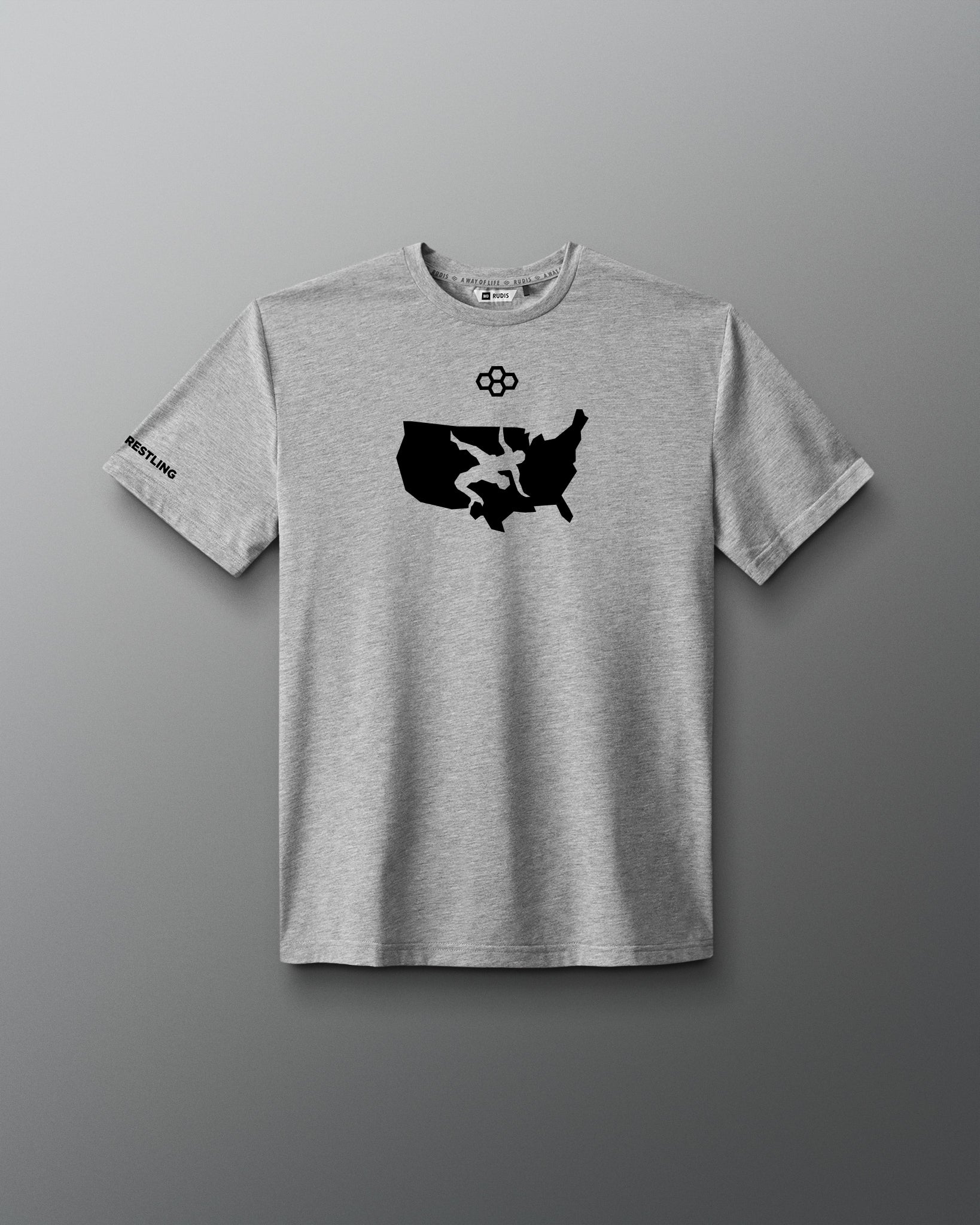 Front view of the athletic gray RUDIS USA Wrestling Map Elite Super Soft T-Shirt with black USA map and wrestling graphic.