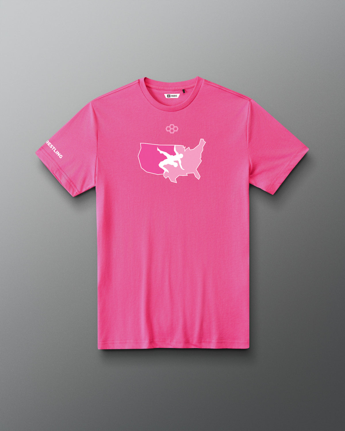 Front view of the pink RUDIS USA Wrestling Map Elite Super Soft T-Shirt with USA map and wrestling graphic.