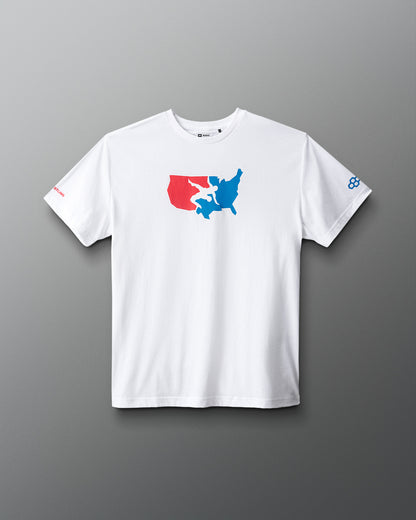 White t-shirt with a colorful logo on a gray background
