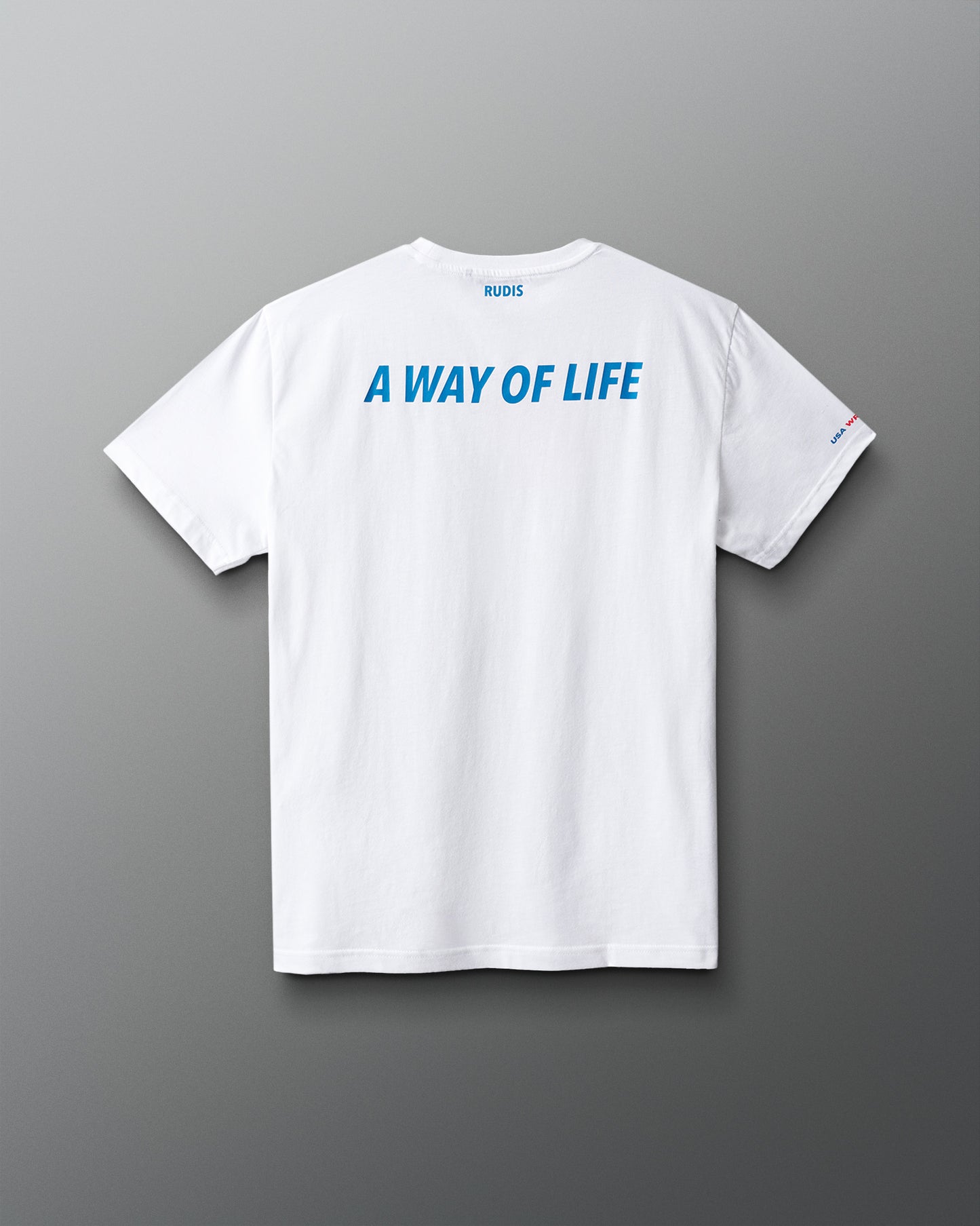 White t-shirt with 'A Way of Life' text on a gray background