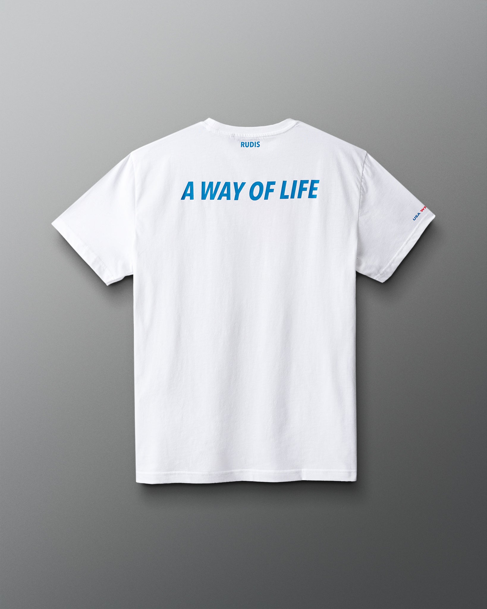 White t-shirt with 'A Way of Life' text on a gray background