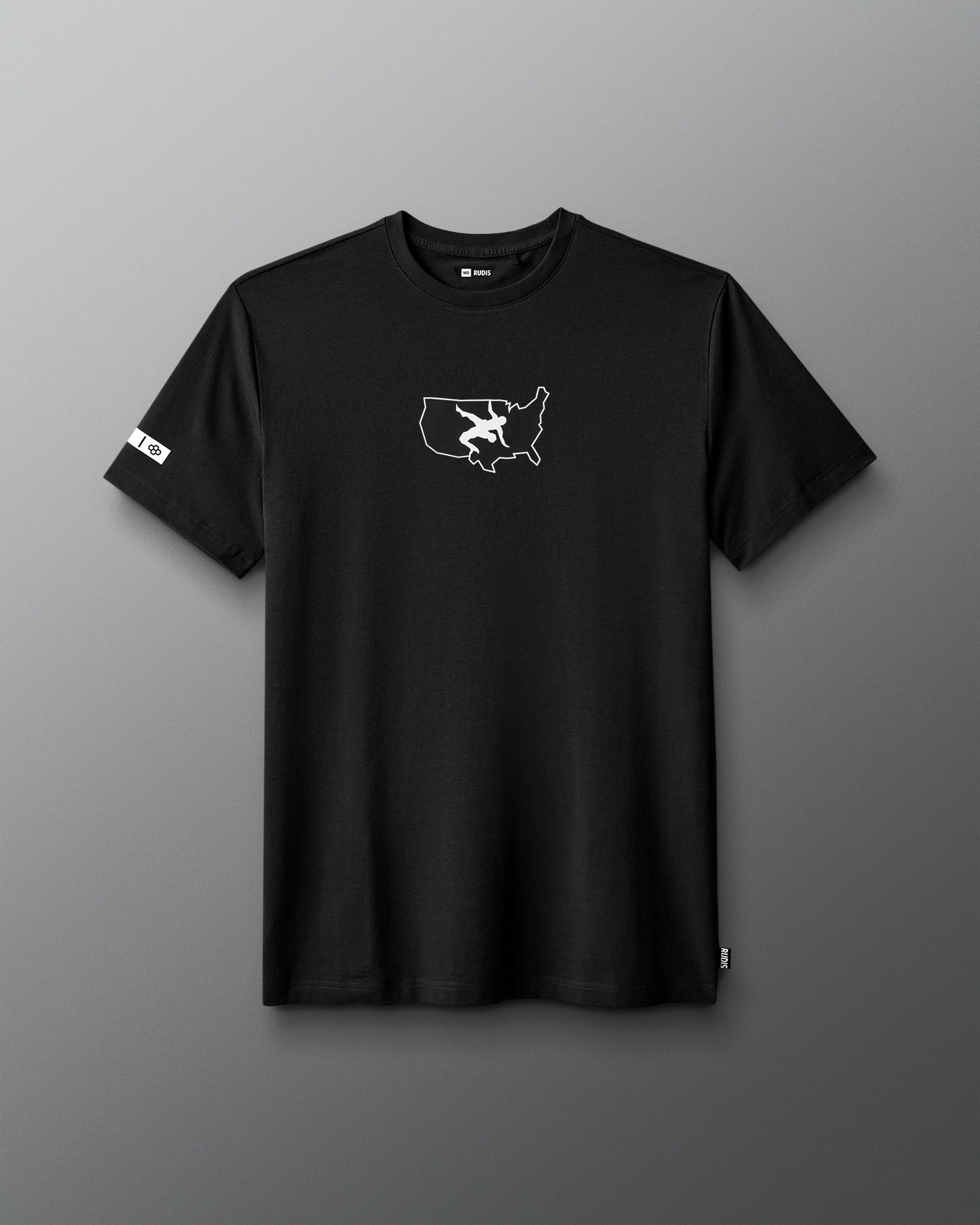 Black t-shirt with a white graphic on a gray background