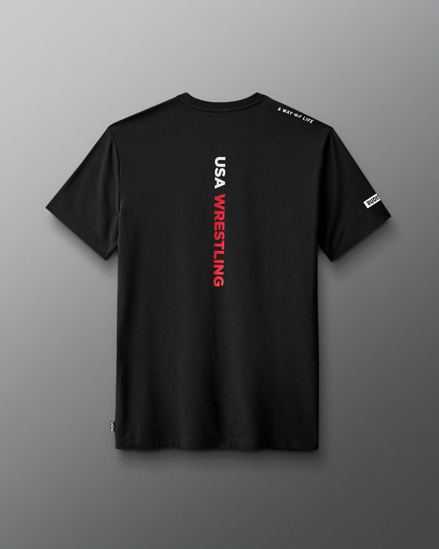 Black t-shirt with 'USA Wrestling' text on the back against a gray background