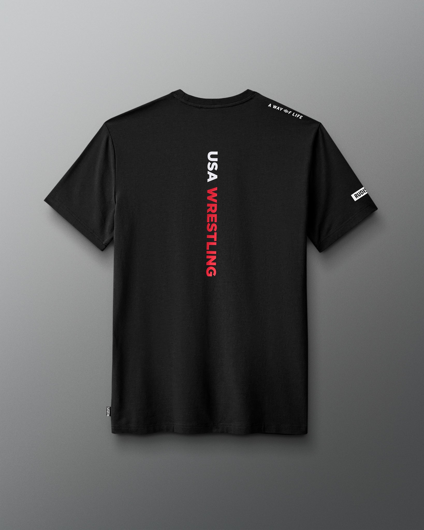 Black t-shirt with 'USA Wrestling' text on the back against a gray background