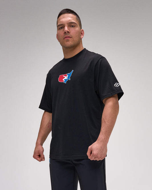 Man wearing a black t-shirt with a 'USA Wrestling' logo on a gray background