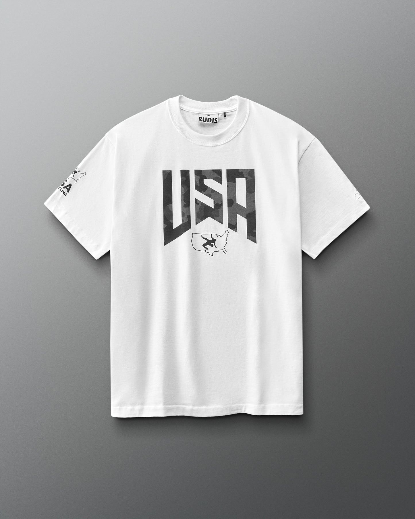White t-shirt with 'USA' graphic on a gray background