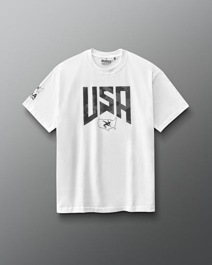 White t-shirt with 'USA' graphic on a gray background