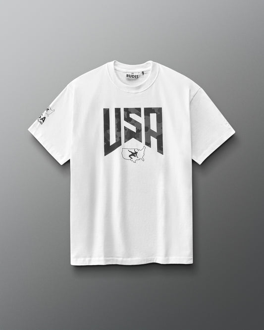 White t-shirt with 'USA' graphic on a gray background