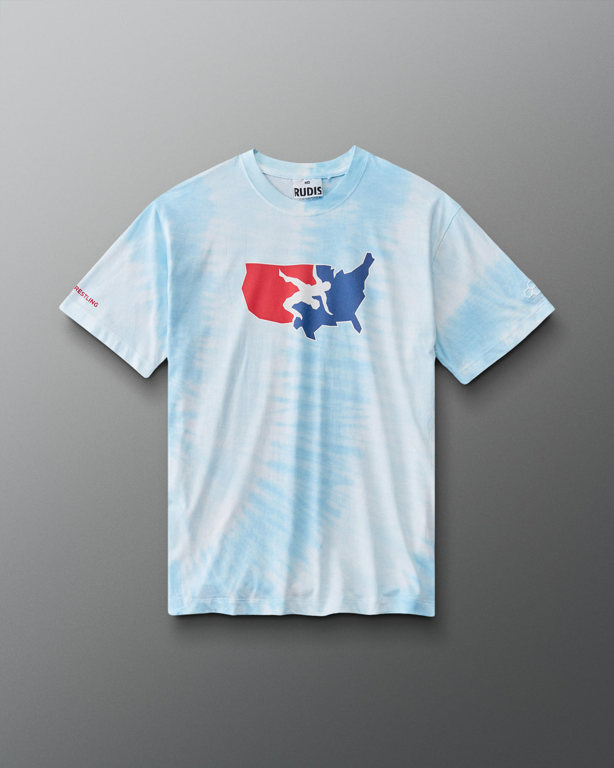 RUDIS USA Wrestling Map Classic Cotton T-Shirt in Blue Tie Dye, front view featuring a red, white, and blue USA map wrestling graphic, crew neckline, and short sleeves. Copy Alt Text