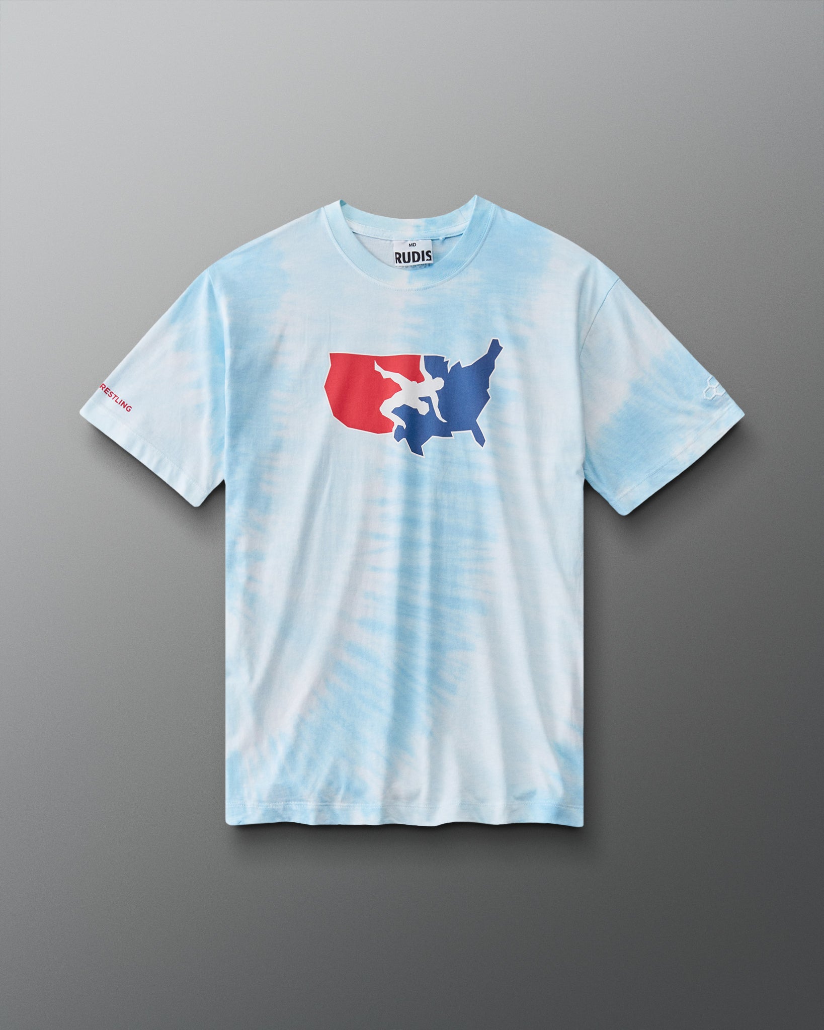 RUDIS USA Wrestling Map Classic Cotton T-Shirt in Blue Tie Dye, front view featuring a red, white, and blue USA map wrestling graphic, crew neckline, and short sleeves. Copy Alt Text