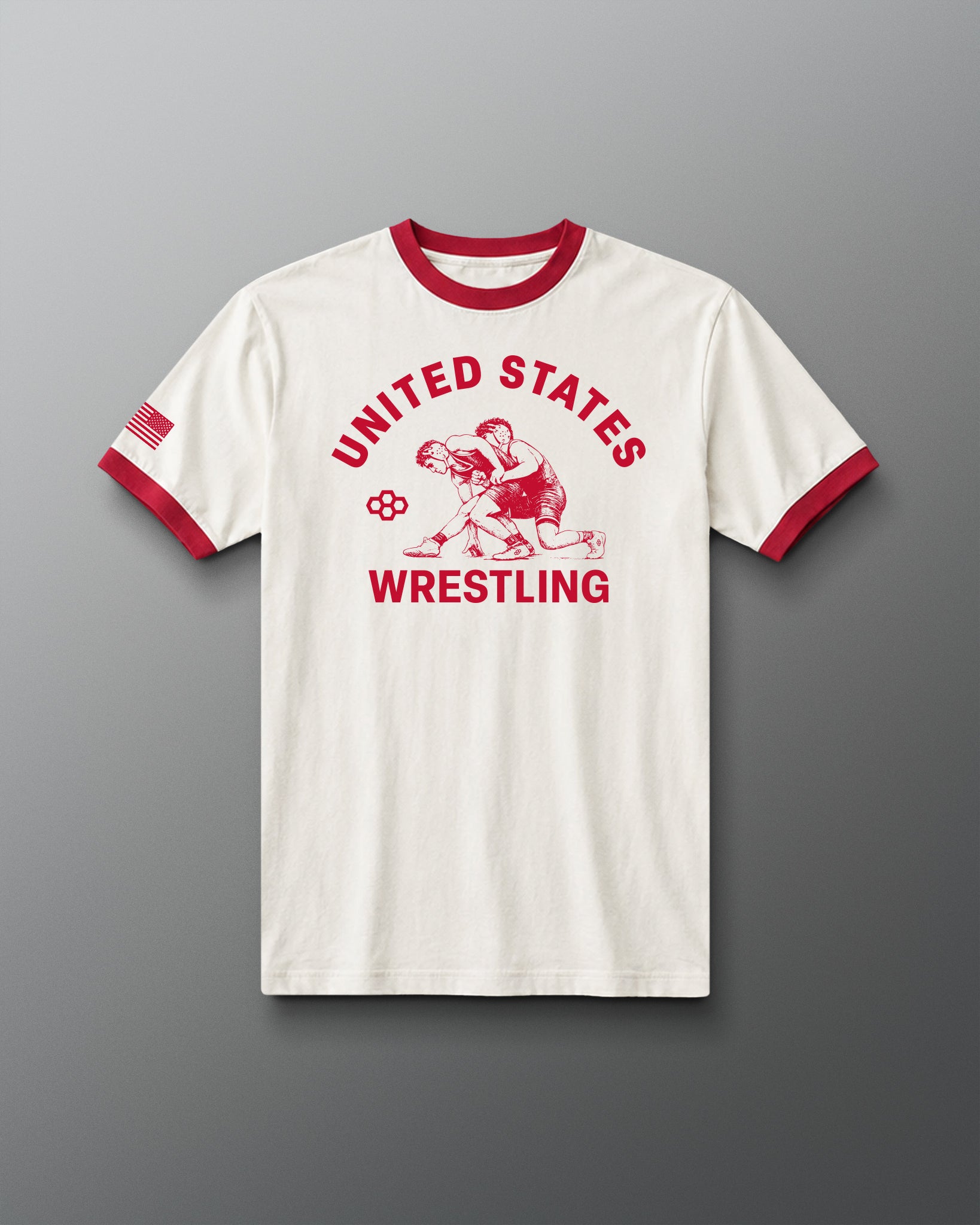 White t-shirt with red trim featuring 'United States Wrestling' design on a gray background