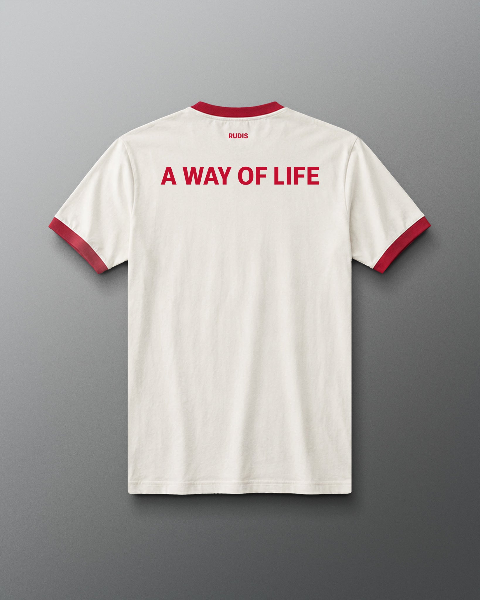 White t-shirt with red text 'A WAY OF LIFE' on a gray background