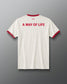 White t-shirt with red text 'A WAY OF LIFE' on a gray background