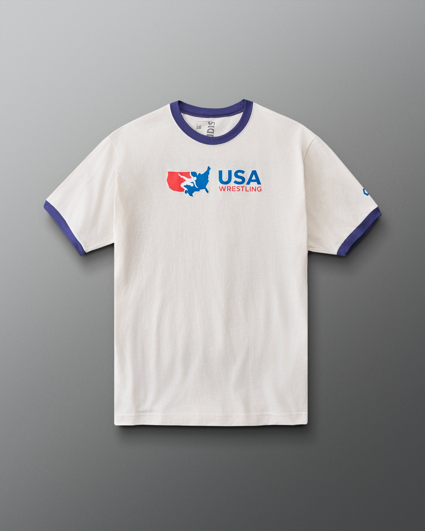 Front view of RUDIS USA Wrestling Ringer T-Shirt in vintage white with navy trim and red and blue USA Wrestling chest graphic.