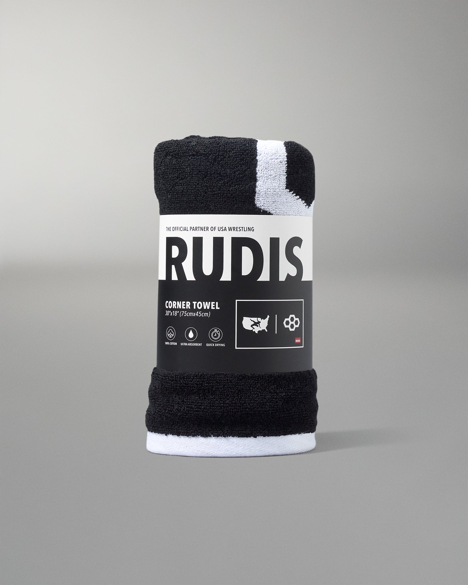 Black corner towel with RUDIS label on a gray background. USA Wrestling RUDIS Logo Official Towel