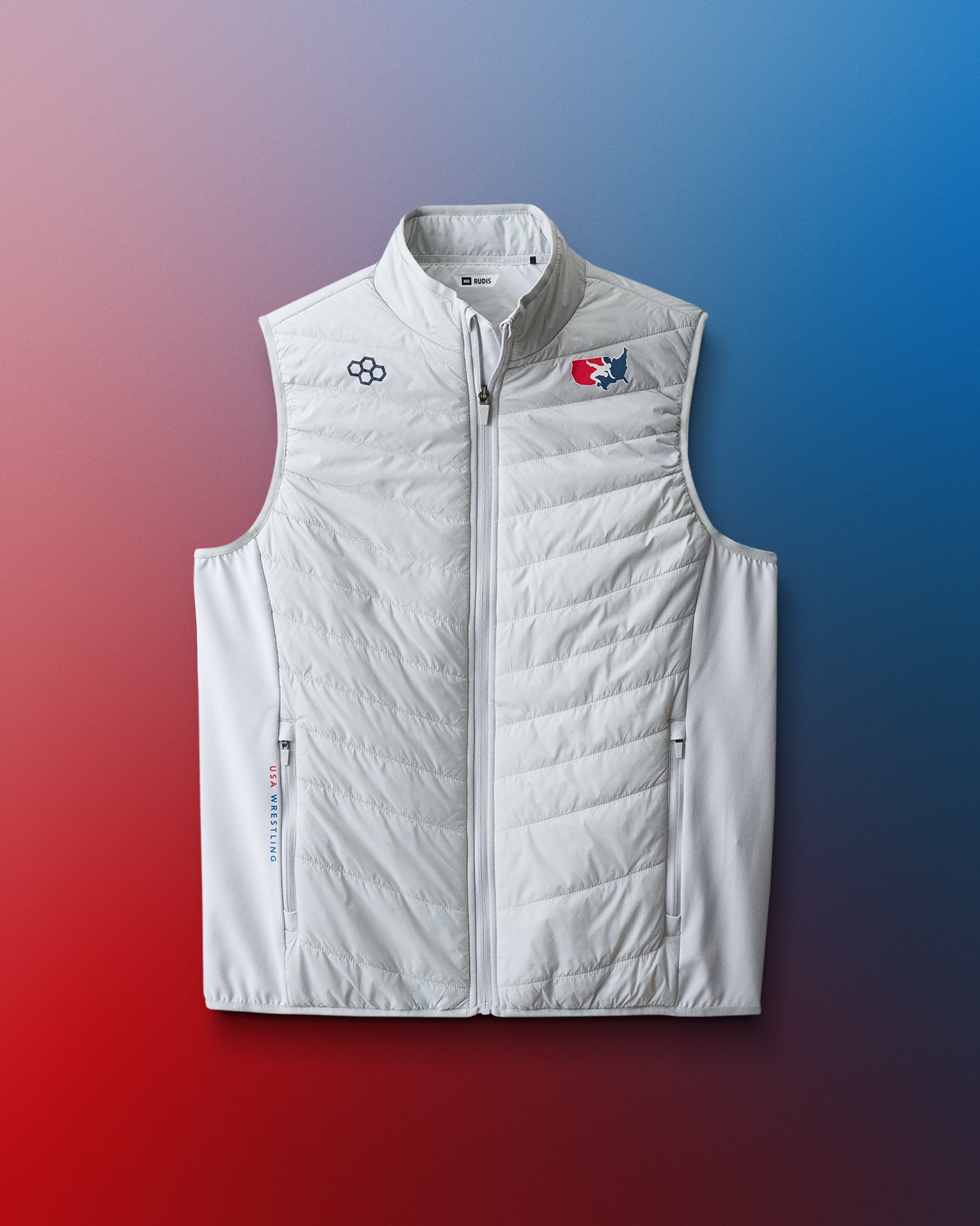 White vest with logos on a gradient red to blue background