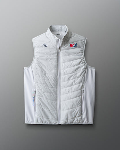 White vest with logos on a gradient red to blue background