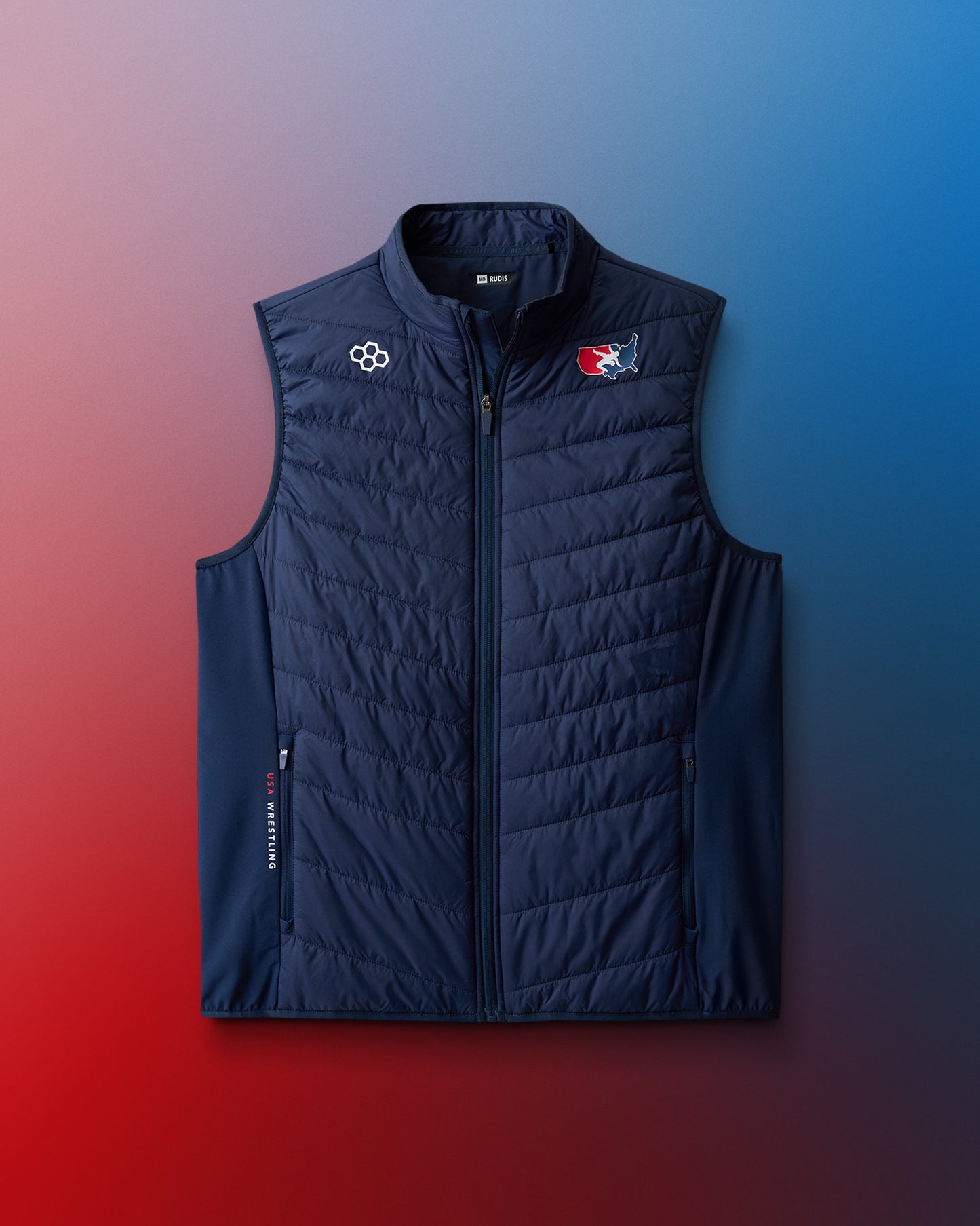 Navy blue puffer vest with logos on a gradient background