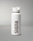 A white insulated water bottle with a matching white flip-top lid, featuring the brand name 'RUDIS' printed vertically in dark gray on the front, set against a neutral gray background.