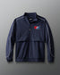 Navy blue pullover with logo on a gray background