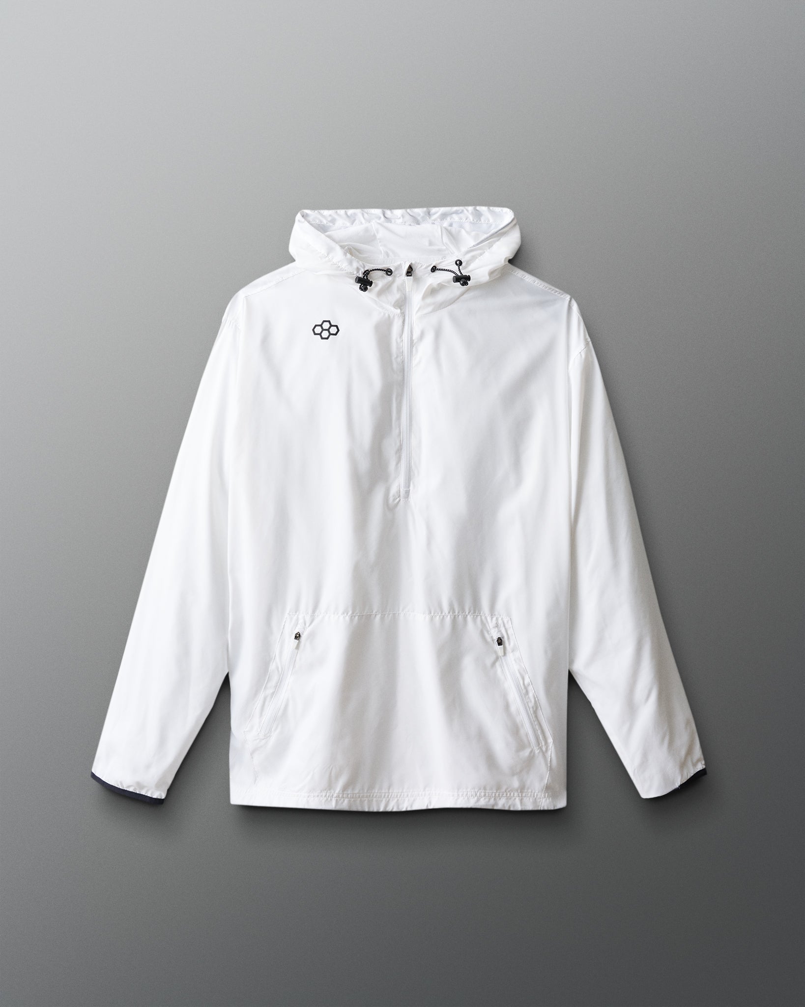 White jacket with a brand logo on a gray background