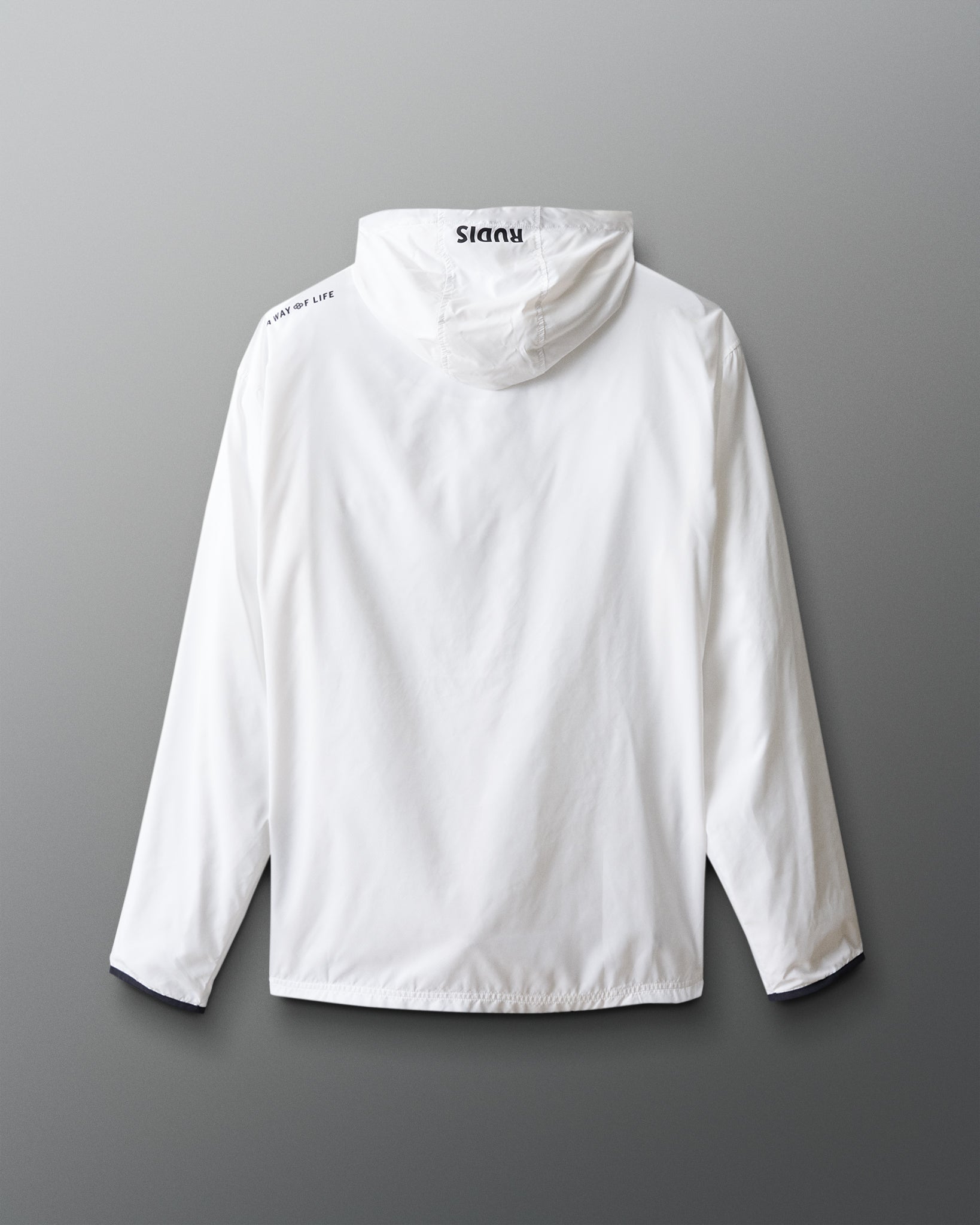 White jacket with brand logo on a gray background