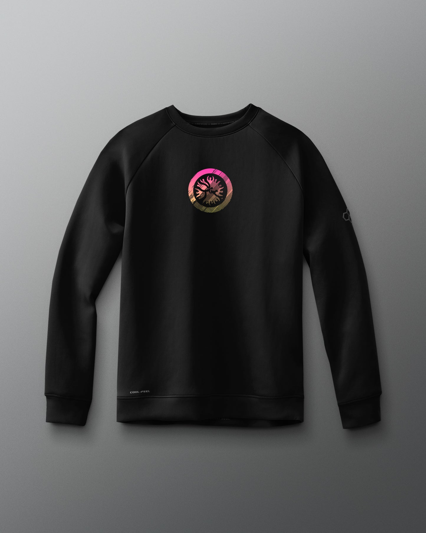 A blue crewneck sweatshirt with a graphic emblem on the chest.