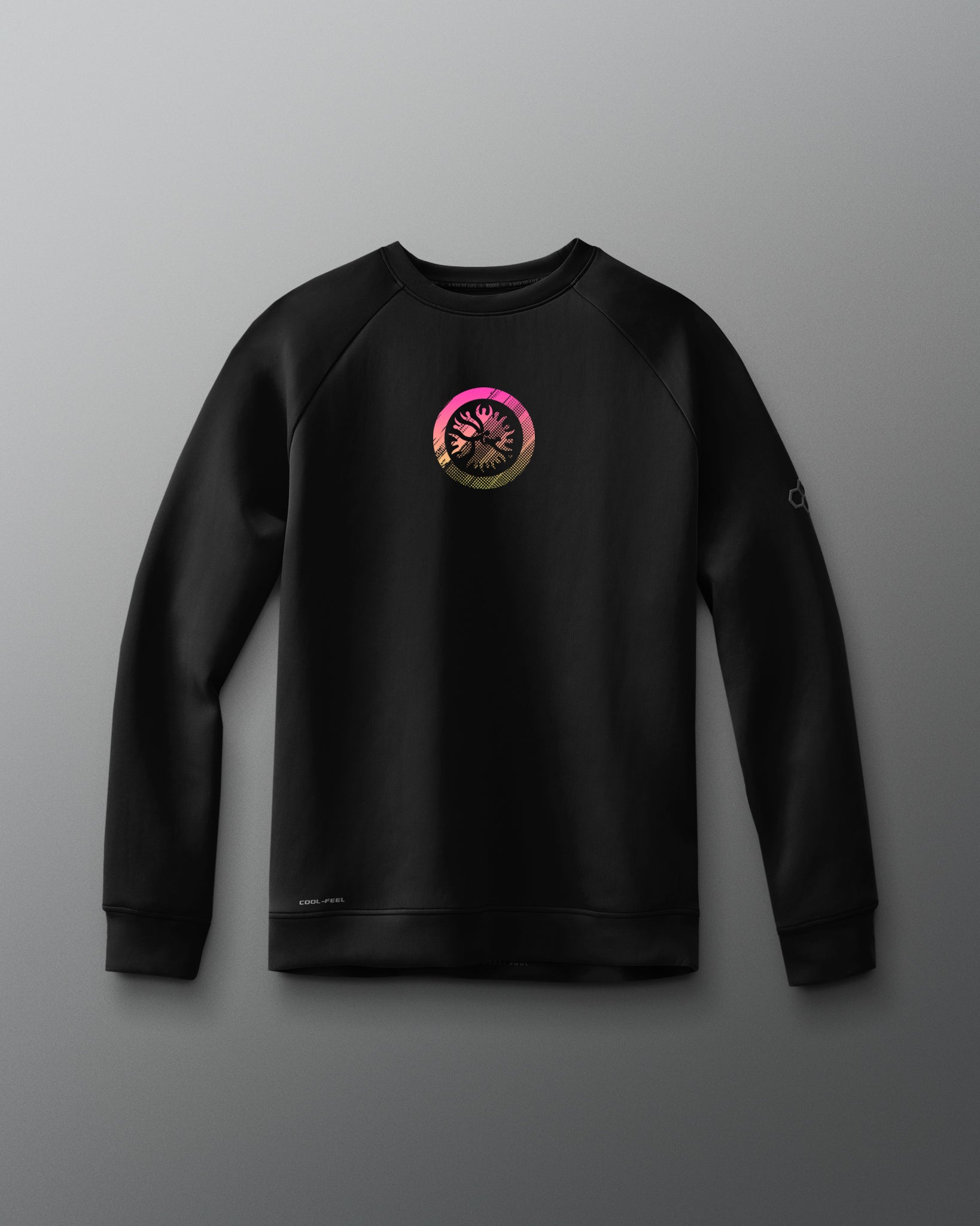 A blue crewneck sweatshirt with a graphic emblem on the chest.