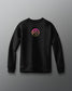 A blue crewneck sweatshirt with a graphic emblem on the chest.