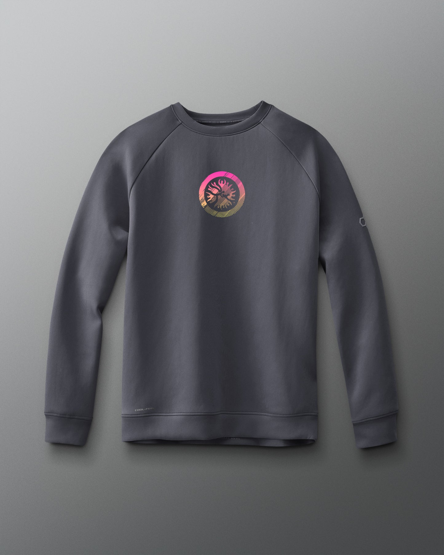 A gray crewneck sweatshirt with a graphic emblem on the chest.