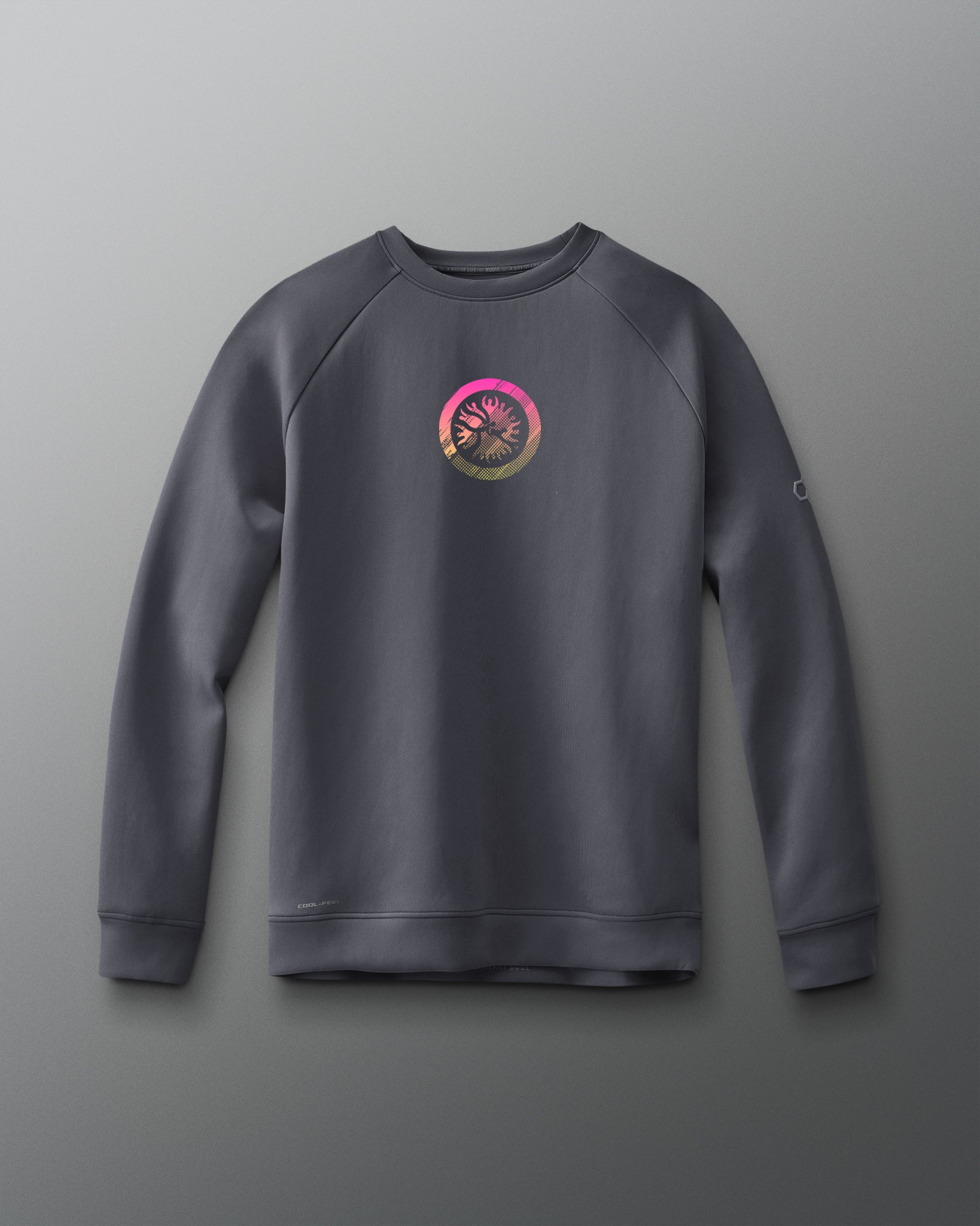 A gray crewneck sweatshirt with a graphic emblem on the chest.