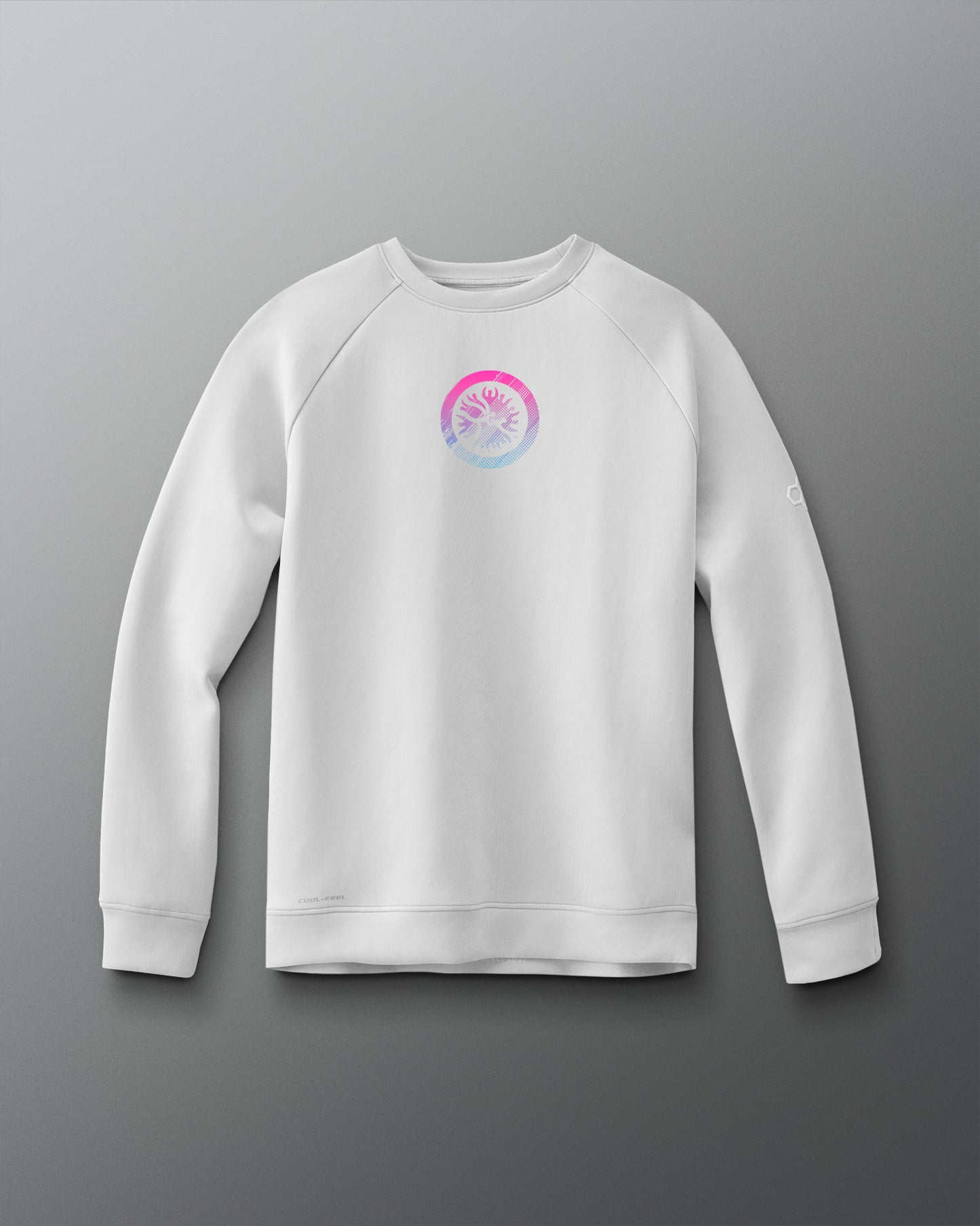 A white crewneck sweatshirt with a graphic emblem on the chest.