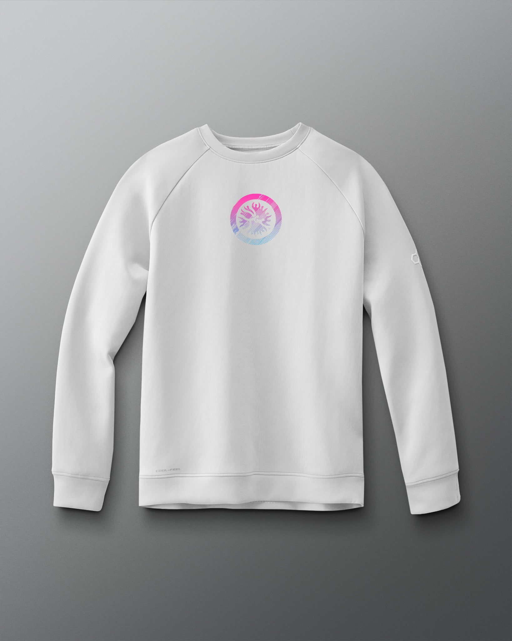 A white crewneck sweatshirt with a graphic emblem on the chest.