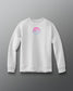 A white crewneck sweatshirt with a graphic emblem on the chest.