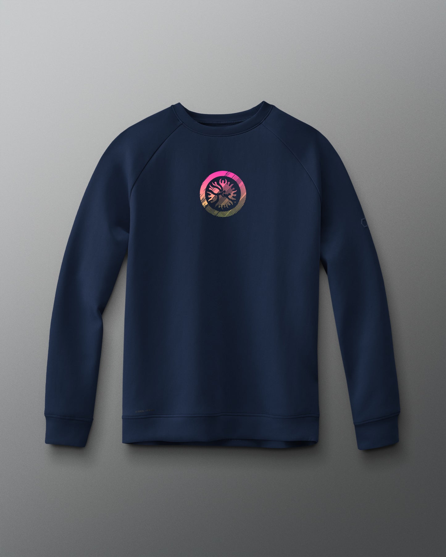 A blue crewneck sweatshirt with a graphic emblem on the chest.
