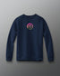 A blue crewneck sweatshirt with a graphic emblem on the chest.