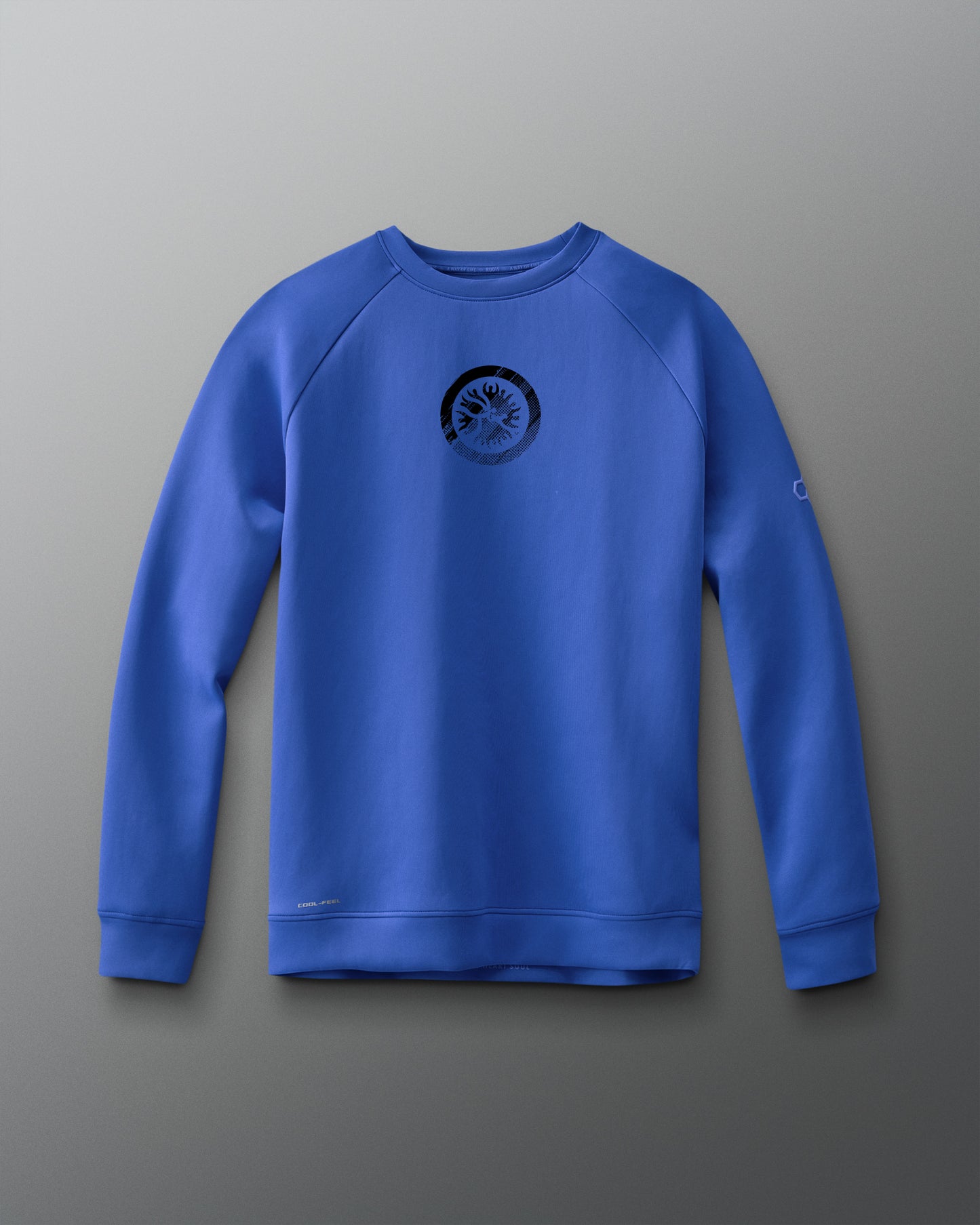 A blue crewneck sweatshirt with a graphic emblem on the chest.